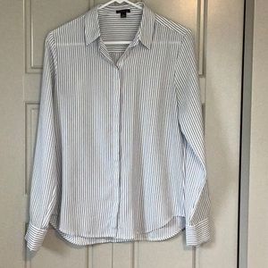 Ann Taylor classic white, striped with blue and gray, button down blouse